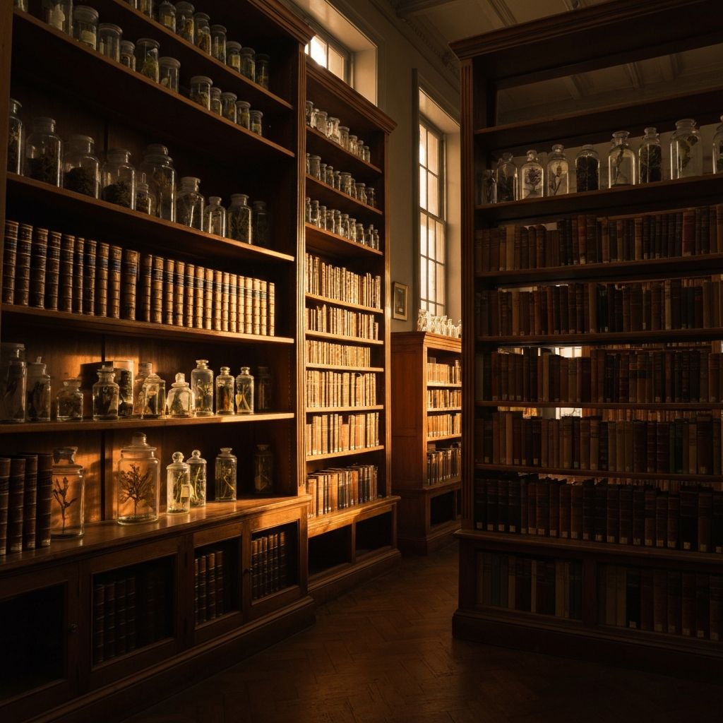 Вътрешността на стара научна библиотека или изследователски архив с дървени рафтове, пълни с подвързани книги и флакони с ботанически образци, осветени от топла кехлибарена светлина, която хвърля дълги сенки — символ на знанието и изследванията